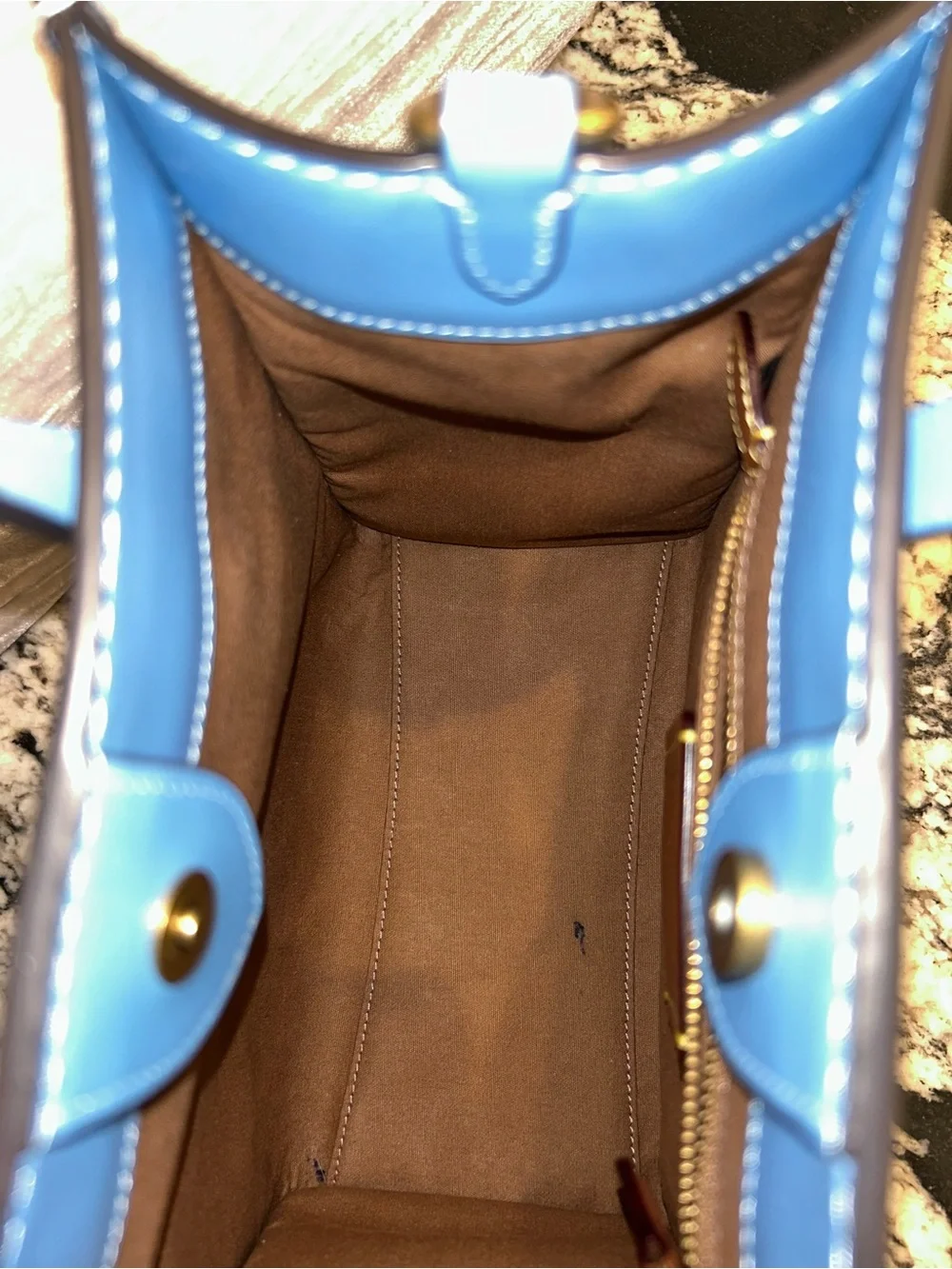 Coach Beige Canvas Tote with Sky Blue Leather Trim